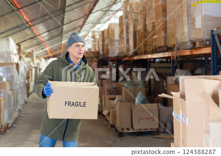 Loader stacks various boxes on racks in store Loader stacks various boxes on racks in store 124388287