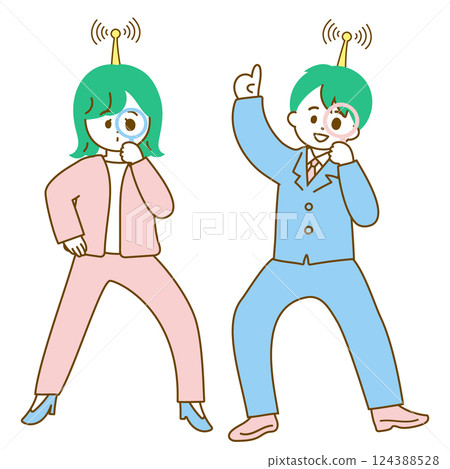 Illustration of male and female business people trying to get information by putting up an antenna Illustration of male and female business people trying to get information by putting up an antenna 124388528