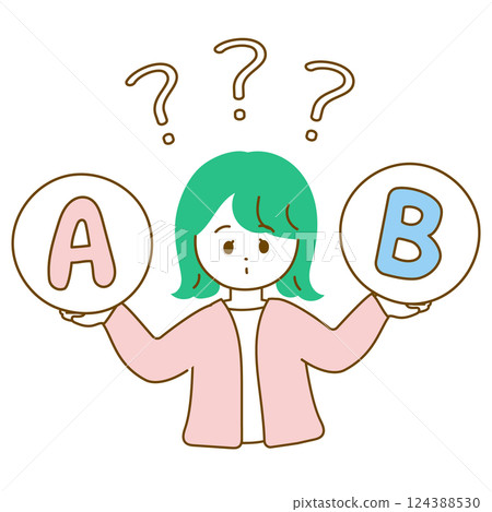 插圖描繪了一位女性上身在 A 和 B 之間徘徊,採用流行色彩 插圖描繪了一位女性上身在 A 和 B 之間徘徊,採用流行色彩 124388530