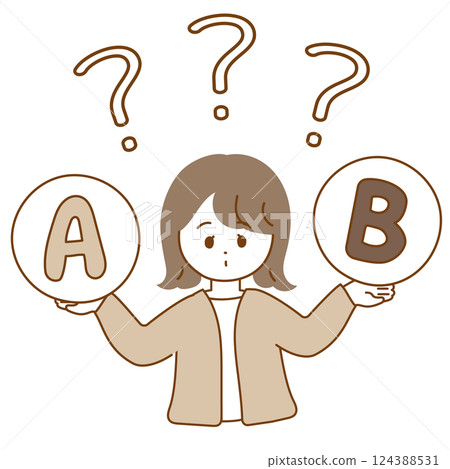 棕褐色調的插圖，描繪了一位在 A 和 B 之間猶豫不決的女人 124388531