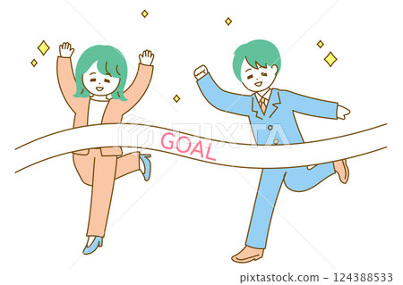 Illustration of a male and female businessman crossing the finish line - Pop illustration 124388533