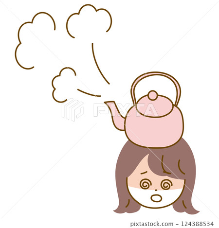 Illustration of a girl panicking so much that the kettle on her head boils 124388534