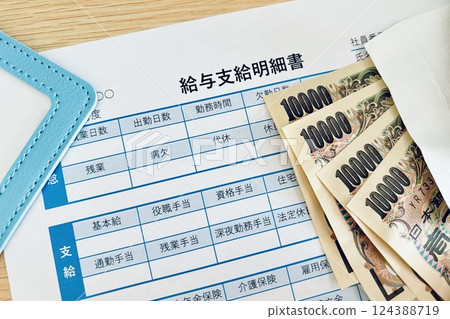 Pay slip and money (salary/bonus) Pay slip and money (salary/bonus) 124388719