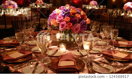 A beautifully arranged wedding reception table with pastel floral centerpieces, elegant glassware, and soft candlelight, creating a romantic atmosphere. 124388917