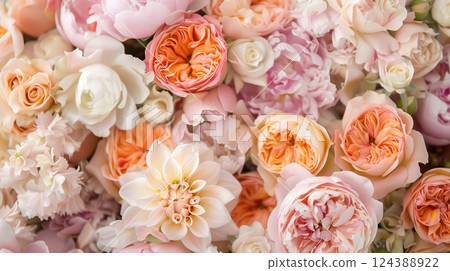A delicate bridal bouquet featuring pastel roses, peonies, and eucalyptus leaves, tied with a flowing satin ribbon. 124388922