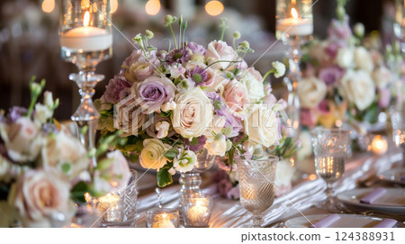 A beautifully arranged wedding reception table with pastel floral centerpieces, elegant glassware, and soft candlelight, creating a romantic atmosphere. 124388931