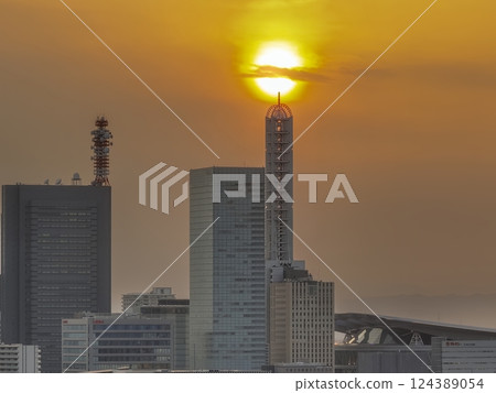 Aerial view of Saitama New Urban Center and the sunset in Saitama City, Saitama Prefecture 124389054