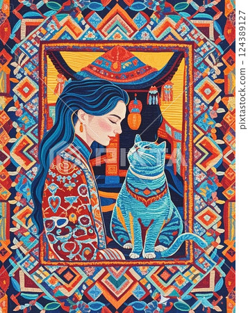 一隻貓和一個女人,就像一幅畫 一隻貓和一個女人,就像一幅畫 124389127