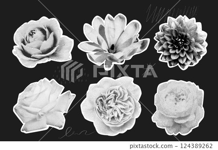 Black and white floral collage with halftone print effect. Gothic grunge dark flower cutouts for scrapbooking, decoration, and prints 124389262