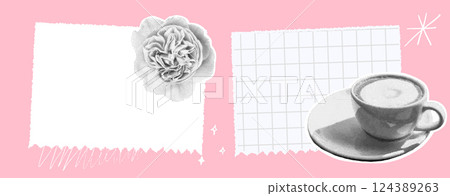 Pink torn paper collage page, coffee cup and floral halftone magazine cutouts. Journal planner page template Pink torn paper collage page, coffee cup and floral halftone magazine cutouts. Journal planner page template 124389263