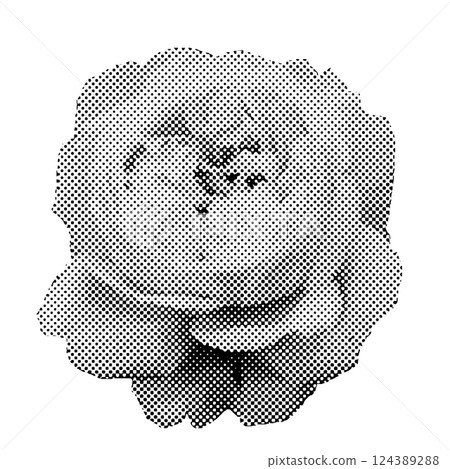 Halftone close-up of a blooming flower, black and white botanical print of rose. Vector illustraion for posters, textiles, and graphic design. Halftone close-up of a blooming flower, black and white botanical print of rose. Vector illustraion for posters, textiles, and graphic design. 124389288