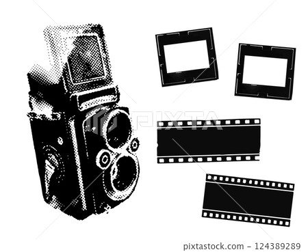 Black and white halftone film collage with vintage twin-lens camera and film strips, slide frames. Nostalgia vector zine elements template Black and white halftone film collage with vintage twin-lens camera and film strips, slide frames. Nostalgia vector zine elements template 124389289