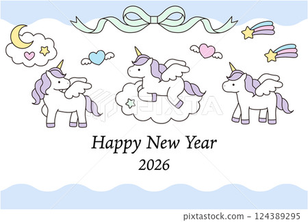 Cute unicorn New Year's card template. 2026, Year of the Horse, White Horse, Vector, Zodiac, Yumekawa 124389295