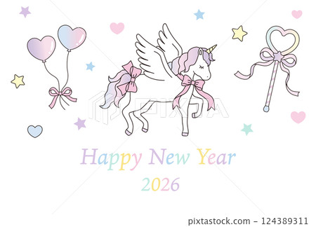 Cute unicorn New Year's card template. 2026, Year of the Horse, White Horse, Vector, Zodiac, Yumekawa 124389311