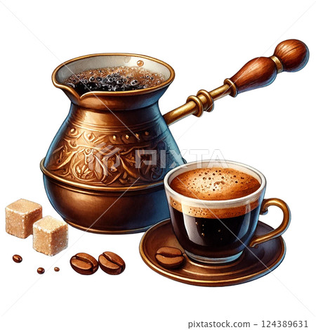 A beautifully crafted coffee pot and cup with sugar cubes. Watercolor clipart A beautifully crafted coffee pot and cup with sugar cubes. Watercolor clipart 124389631