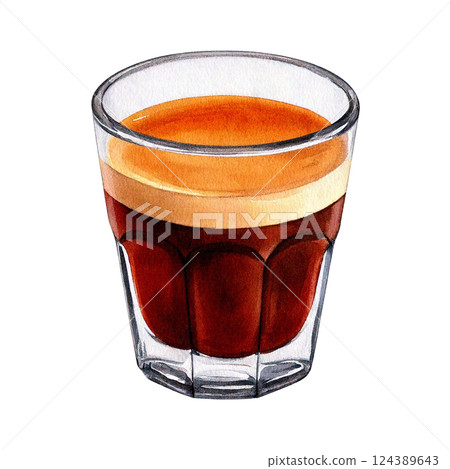 A delightful coffee drink served in a clear glass. Watercolor clipart A delightful coffee drink served in a clear glass. Watercolor clipart 124389643