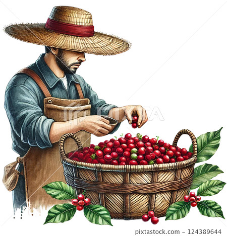 A farmer harvesting coffee cherries in a picturesque setting. Watercolor clipart 124389644