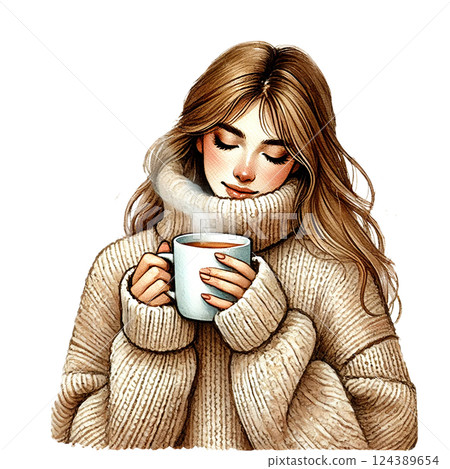 A woman enjoys a cozy moment with a warm cup of tea. Watercolor clipart 124389654