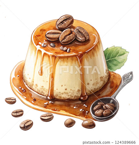 Delicious caramel dessert topped with coffee beans and mint leaf. Watercolor clipart 124389666
