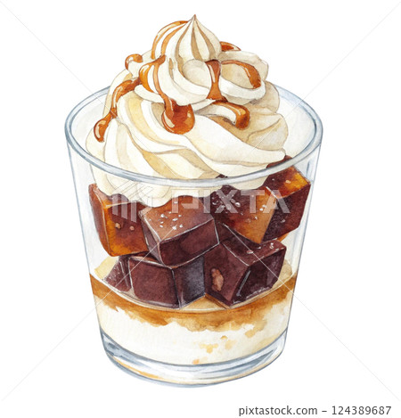 Delicious parfait with whipped cream and chocolate cubes. Watercolor clipart 124389687