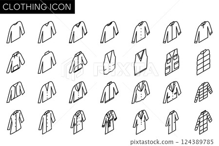 Simple isometric line icon of winter clothing, clothes such as long-sleeved shirts, jackets and coats (black and white) 124389785