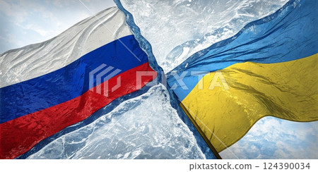 Symbolic Representation of Conflict Using Russia and Ukraine Flags with Icy Barrier Symbolic Representation of Conflict Using Russia and Ukraine Flags with Icy Barrier 124390034