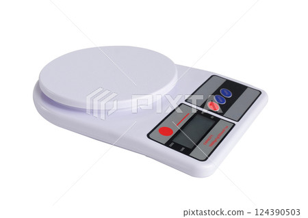 White Digital kitchen scale machine for weighing food.clipping path. 124390503