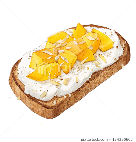 Delicious toast topped with cream cheese and fresh mango chunks. 124390603
