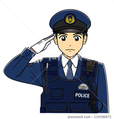 A male police officer wearing a bullet-proof vest saluting 124390672