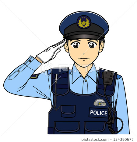 一名身穿夏季制服、身穿防彈背心的男警官敬禮 124390675