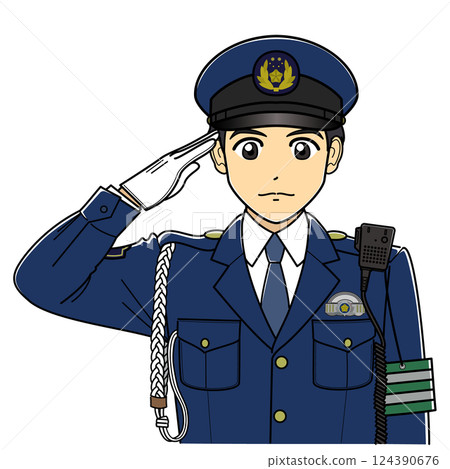 一名身穿制服的男警官敬禮 一名身穿制服的男警官敬禮 124390676