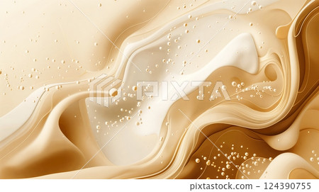 An abstract vector image with fluid shapes, bubbles, and swirls of milk and coffee, creating a dynamic effect. 124390755