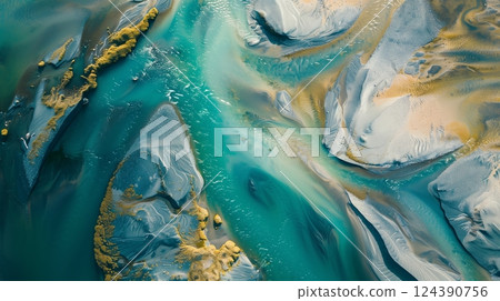 A breathtaking aerial photo showcases stunning rivers and water bodies with unique patterns. Perfect blend of art and nature. 124390756