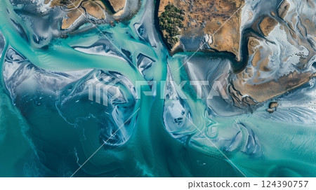 A stunning aerial photo captures unique patterns of rivers, showcasing nature's artistry from above. 124390757