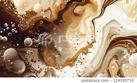 Abstract vector image with organic shapes, fluid movements, bubbles, and milk swirls blending into coffee. 124390758