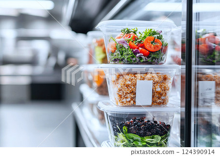 A stack of labeled food containers in the freezer, preserving food for safety and quality assurance 124390914