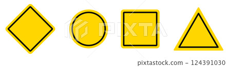 Icon set with empty space for your text or image. Yellow collection icon or sign on a white isolated background with edging. Variations of rhombic, round, square and triangular signs. Vector clipart Icon set with empty space for your text or image. Yellow collection icon or sign on a white isolated background with edging. Variations of rhombic, round, square and triangular signs. Vector clipart 124391030