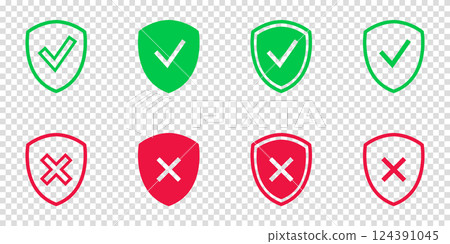 Shield check mark icon set. Protection approve sign. Safe icon. Tick and cross icons. Vector illustration on a transparent background. 124391045