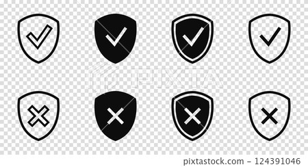 Shield check mark icon set. Protection approve sign. Safe icon. Tick and cross icons. Vector illustration on a transparent background. 124391046