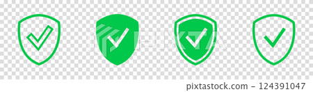 Shield check mark icon set. Protection approve sign. Safe icon. Tick and cross icons. Vector illustration on a transparent background. Shield check mark icon set. Protection approve sign. Safe icon. Tick and cross icons. Vector illustration on a transparent background. 124391047