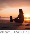 Sunset, meditation and cat 124391150