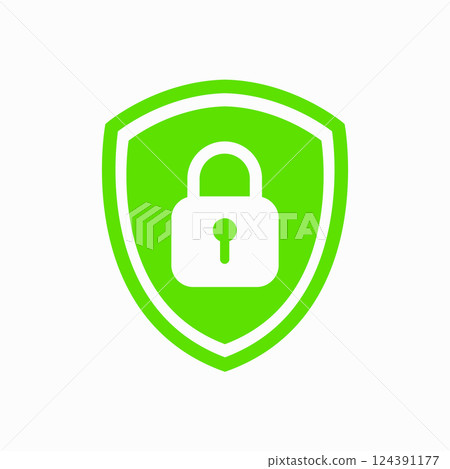 Icon or symbol of a shield with a closed padlock. Sign lock on a white background. Vector illustration. 124391177