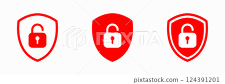 Icon or symbol set of a shield with a opened padlock. Sign unlock collection on a white background. Vector illustration. 124391201