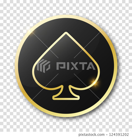Poker chip in black with golden border on a transparent background with a suit of spade. Spades sign. 124391202