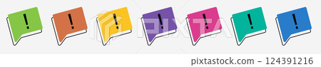 Multicolored speech bubble icons. Flag icon with exclamation mark or point. Illustration on white isolated background with text communication. Communication concept. Think about. Multicolored speech bubble icons. Flag icon with exclamation mark or point. Illustration on white isolated background with text communication. Communication concept. Think about. 124391216