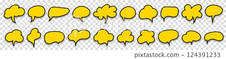 Black and yellow speech bubble sign set icon. Vector illustration on transparent background. Black and yellow speech bubble sign set icon. Vector illustration on transparent background. 124391233