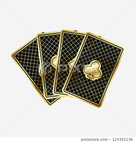 A fan of playing cards consisting of four black and golden Ace of Spades, Diamonds, Clubs, Hearts. Vector illustration poker and casino of all the aces on a white background. 124391236