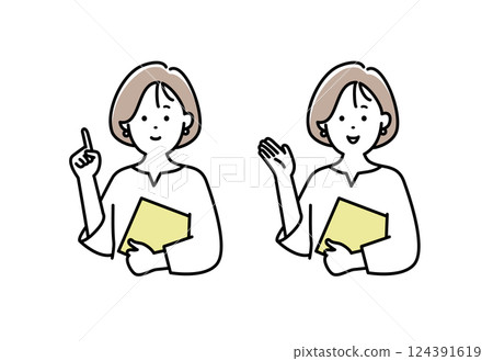Illustration of a female office worker giving an introduction 124391619