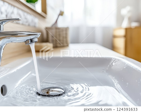Water running in bathroom sink with chrome faucet 124391633