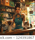 Unique cafe barista and cat 124391867